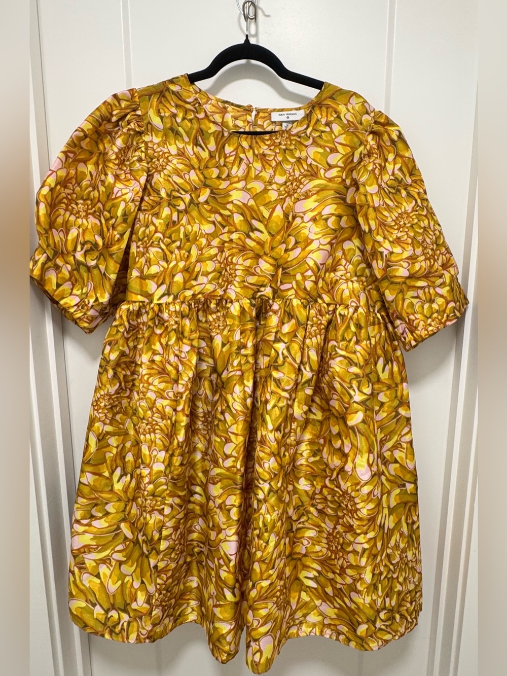 Kika Vargas Baby Doll Floral Midi Dress in Mustard Yellow with Pink Accents